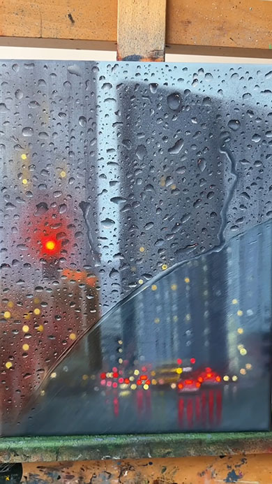 車の窓越しの景色を描いた絵