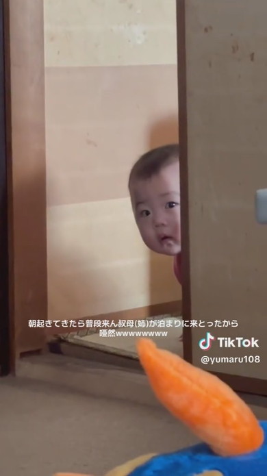 隣室からそっとのぞいている赤ちゃん