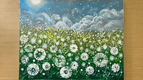 ミニ熊手で描くタンポポ