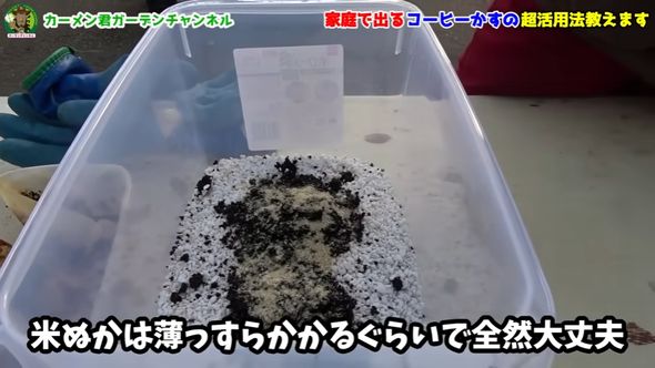 ボックスに入れたパーライトとコーヒーかす、米ぬか