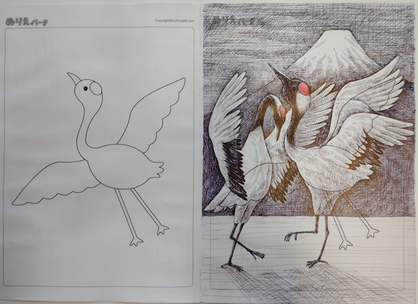 ツルの塗り絵をボールペンで塗る