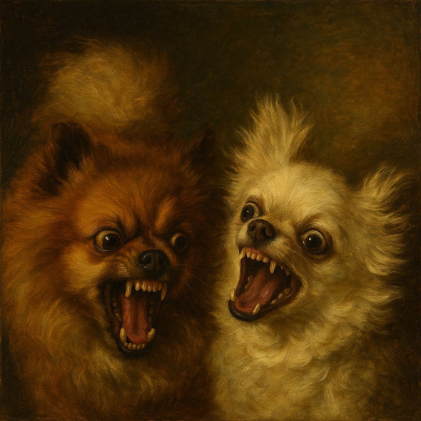 ChatGPTがつくった画像は2匹が牙をむいて威嚇しているような表情に