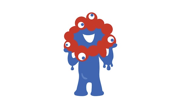 大阪・関西万博の公式マスコットキャラクター『ミャクミャク』のイラスト。青い体に赤い輪状の頭部を持ち、頭部には複数の目がついている。中央には大きな笑顔の口があり、ユニークで親しみやすいデザイン。