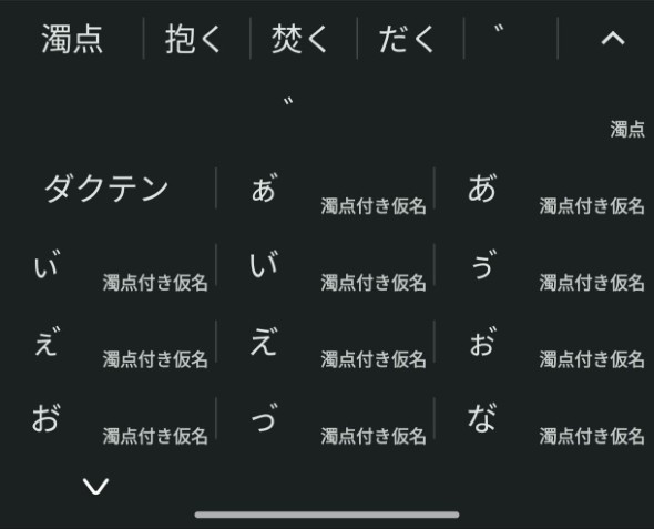 Androidのソフトウェアキーボードの予測変換画面。濁点付きかなが表示されている
