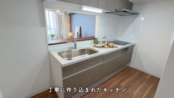 『丁寧に作り込まれたキッチン』というテロップ付きのシステムキッチン。シンクとIHコンロが備え付けられており、カウンター越しにリビングが見える開放的なレイアウト。