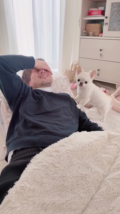 パパを笑わすワンコ