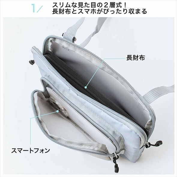 Colemanの2層式ショルダーバッグ 長財布やスマホが収まる