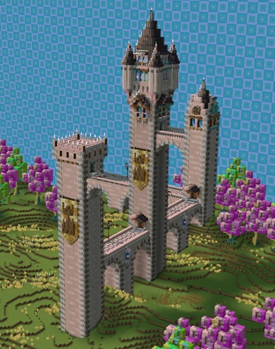 三本のタワーが前後と左右のどちらにもつながっているかのように見えるトリックアート建築