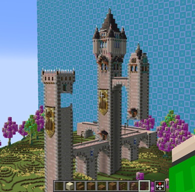 手前のタワーは一部が欠けていて、最奥のタワーは根本が宙に浮いている建築物