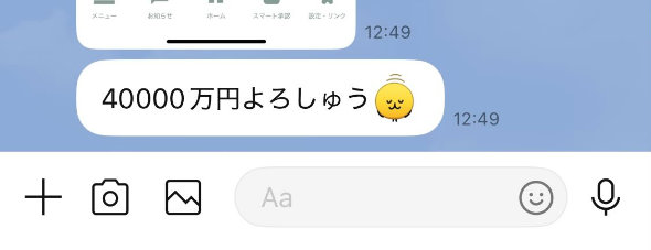 妻 ライン LINE 打ち間違い 保育料 口座 お金入れて 4億円 振込 大金 要求