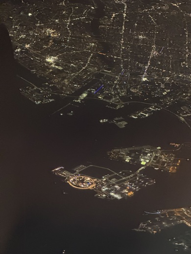 オレンジ色にライトアップされている木製リングが印象的な万博の夜景