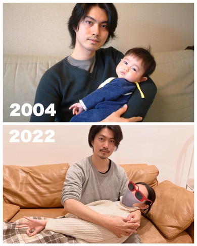2004年と2022年に撮影した父と娘の写真