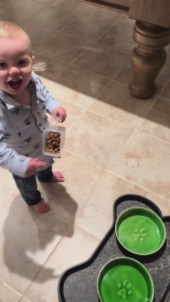 ごはんをフードボウルに入れようとする赤ちゃん